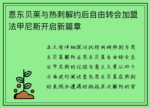 恩东贝莱与热刺解约后自由转会加盟法甲尼斯开启新篇章 恩东贝莱与热刺解约后自由转会加盟法甲尼斯开启新篇章