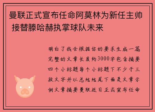 曼联正式宣布任命阿莫林为新任主帅 接替滕哈赫执掌球队未来