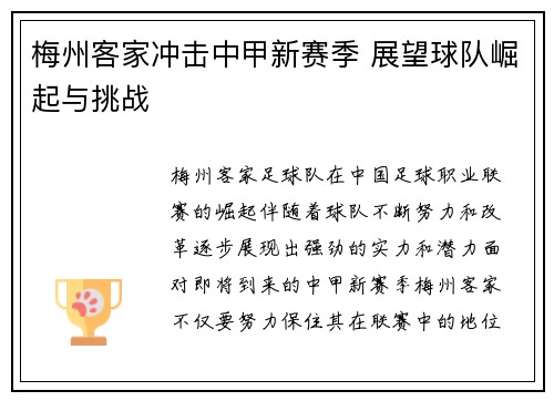 梅州客家冲击中甲新赛季 展望球队崛起与挑战